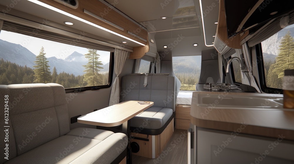 Modern Camper Van interior. Generative AI Modern Camper Van interior. Generative AI