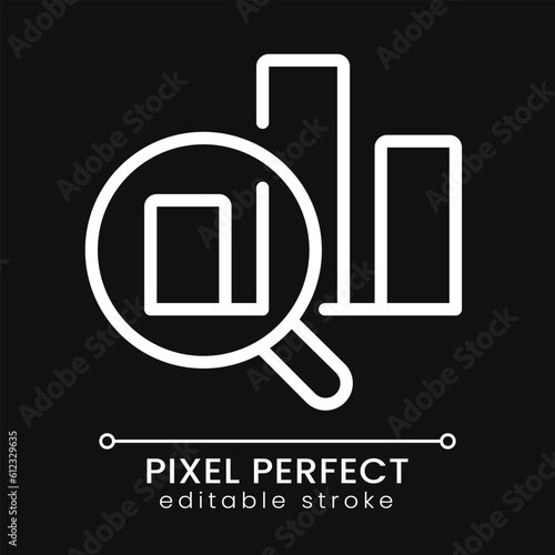 Charts and loupe pixel perfect white linear icon for dark theme. Business processes analytics. Statistics. Thin line illustration. Isolated symbol for night mode. Editable stroke. Poppins font used