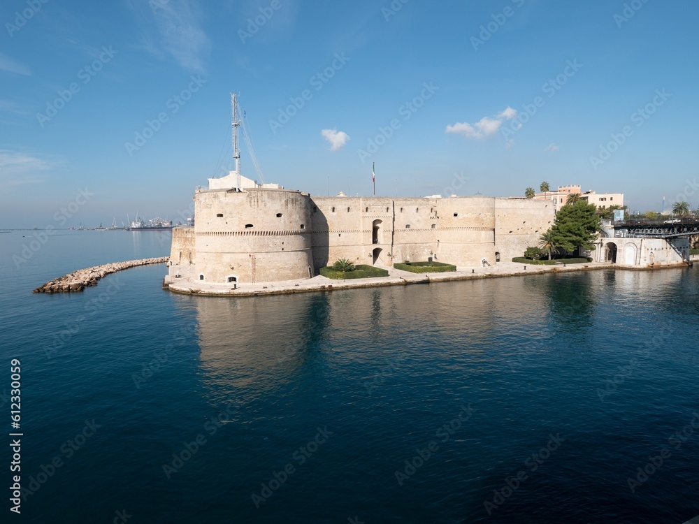 Landscape of Castello Aragonese fortress in Taranto, Italy in nich sunny day