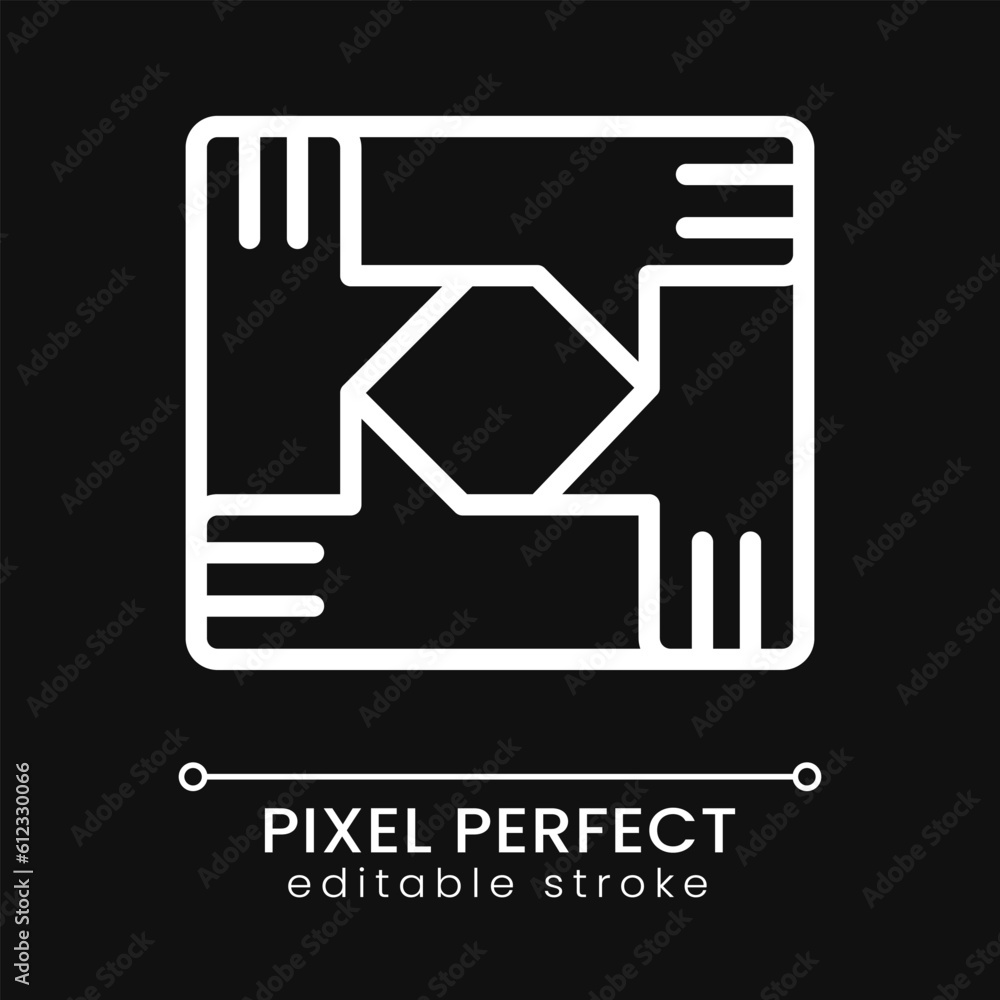Teamwork pixel perfect white linear icon for dark theme. People connection. Cooperation. Team building. Thin line illustration. Isolated symbol for night mode. Editable stroke. Poppins font used Teamwork pixel perfect white linear icon for dark theme. People connection. Cooperation. Team building. Thin line illustration. Isolated symbol for night mode. Editable stroke. Poppins font used