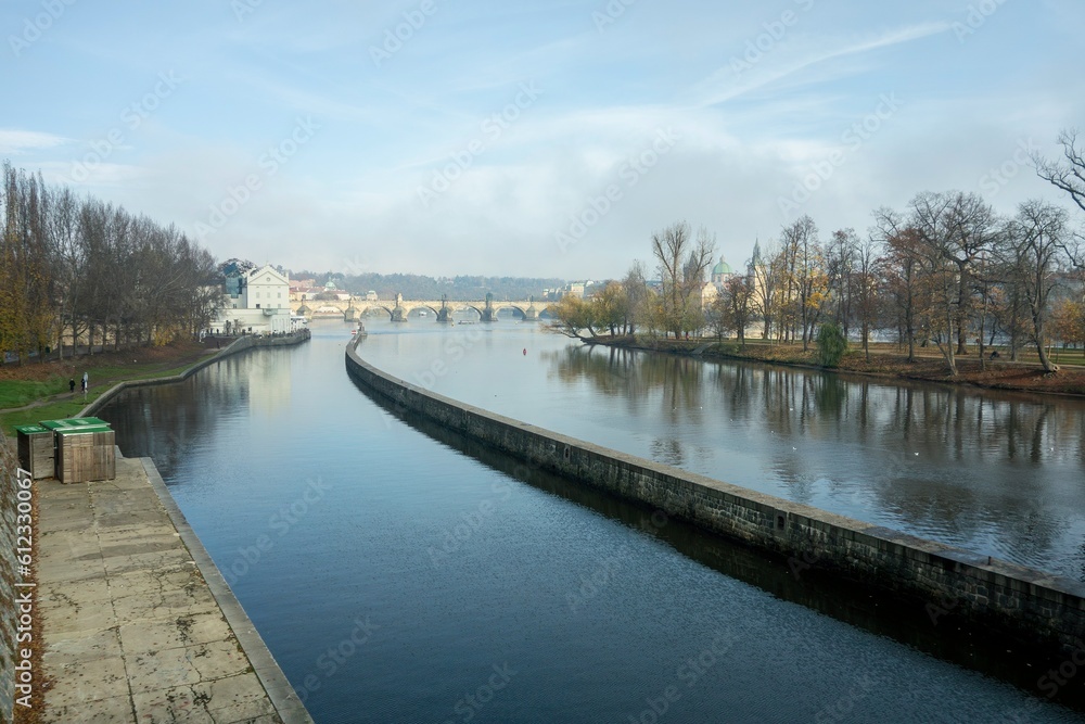 Landscape with water lock in Prague-Smichov on Vltava river