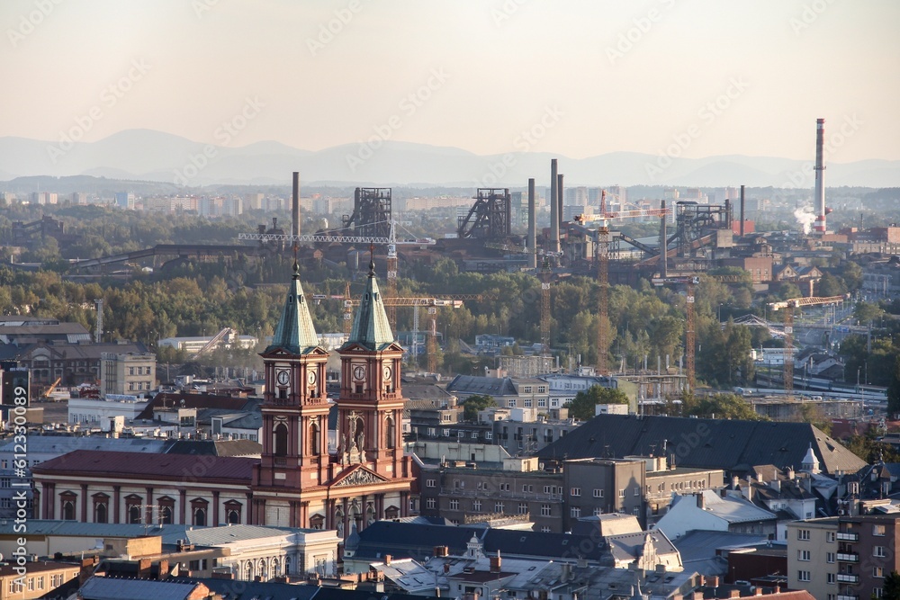Landscape of Ostrava city and industrial Vitkovice district with Katedrala Bozskeho Spasitele church