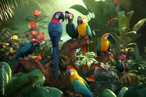 A detailed illustration of a group of birds, such as parrots or toucans, in a vibrant and lively tropical setting, Generative AI