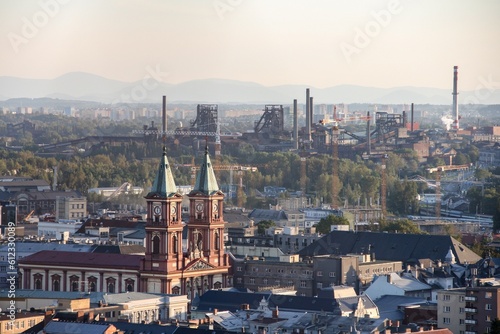Landscape of Ostrava city and industrial Vitkovice district with Katedrala Bozskeho Spasitele church photo