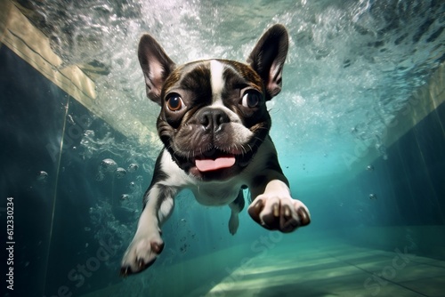 Underwater Swim: French Bulldog Enjoying the Water, Generative Ai © rzrstudio