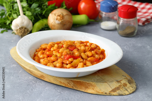Traditional delicious Turkish foods; Dried bean (Kuru fasulye). Hot turkish bean stew with a tasty tomato sauce. Haricot. 