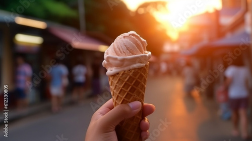 hand hold Melting ice cream cone on street food at night,  AI generative