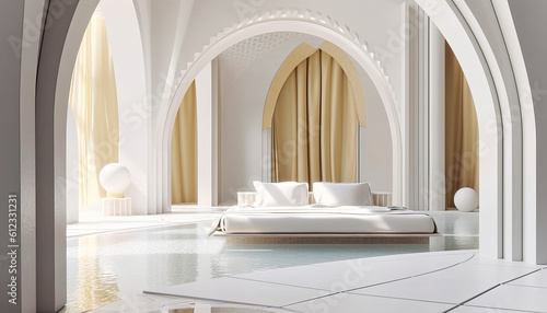 Interior of the hotel room with round arches  beige  white  interior design