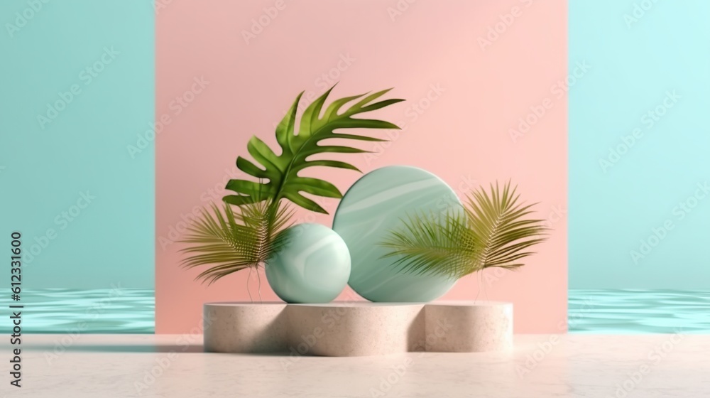 cosmetic product podium advertising exhibition pastel podium with summer leaves Generative AI cosmetic product podium advertising exhibition pastel podium with summer leaves Generative AI