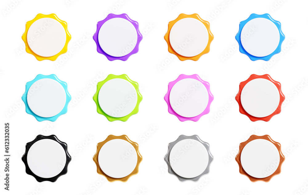 Starburst sticker 3d render set - collection of round sun burst or star shape badges for promo. Starburst sticker 3d render set - collection of round sun burst or star shape badges for promo.