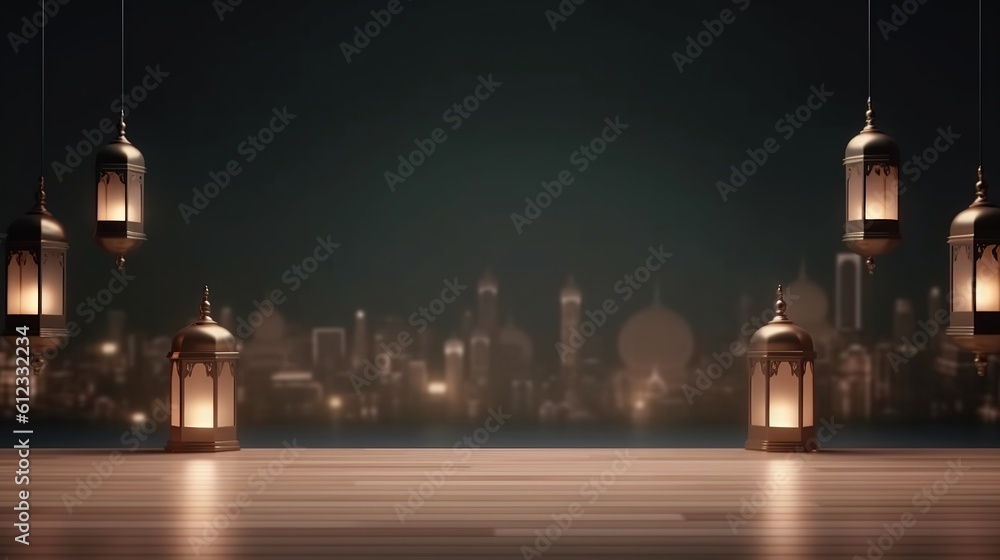 Islamic background with lanterns and lights. Generative ai.