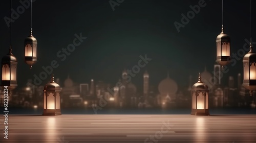 Islamic background with lanterns and lights. Generative ai.