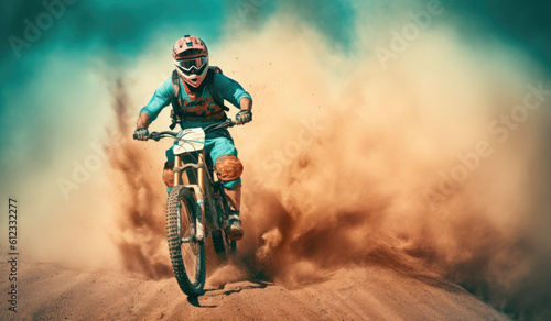 Big air mountain bike rider soaring through the dust