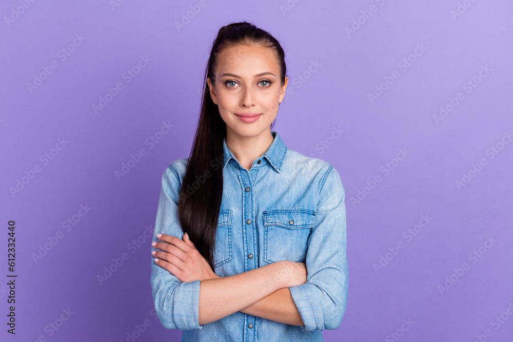 Photo of cool attractive lady friendly smiling arms crossed good mood wear casual shirt isolated purple color background