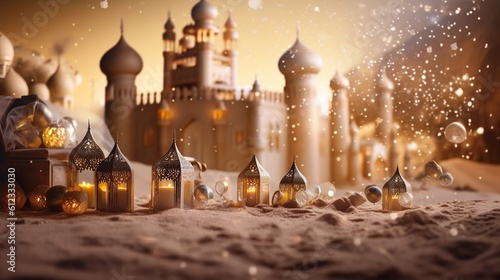 Islamic background witn desert, dust, castle, lanterns and lights. Generative ai