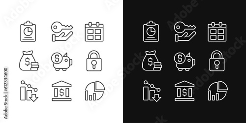 Corporate management pixel perfect linear icons set for dark, light mode. Finance and banking. Company security. Thin line symbols for night, day theme. Isolated illustrations. Editable stroke