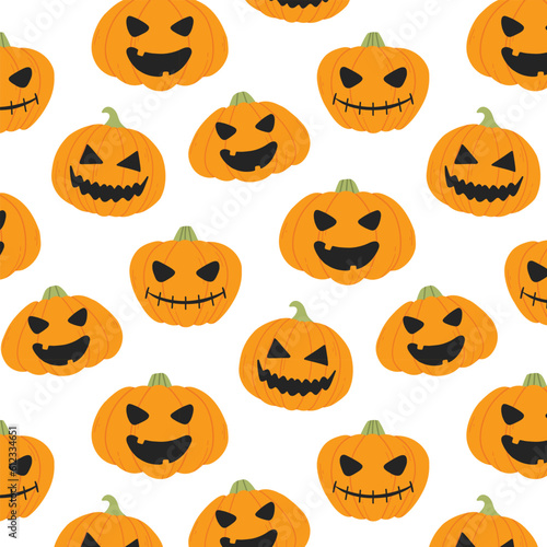 Seamless pattern with Halloween pumpkins. Vector illustration. Flat style. Halloween print with spooky pumpkins.