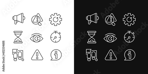 Business process timing pixel perfect linear icons set for dark, light mode. Promotion. Problem identification. Thin line symbols for night, day theme. Isolated illustrations. Editable stroke