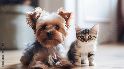 cute Yorkshire terrier puppy and tabby kitten best friends sitting on the floor in the living room and looking at the camera. generative ai © Tetiana