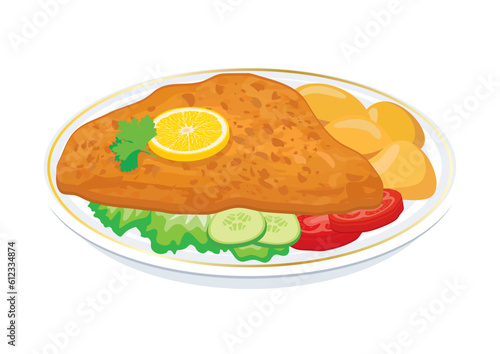 Fried steak with potatoes and vegetable garnish vector illustration. Fried schnitzel on a plate icon vector isolated on a white background. Chicken fried steak drawing