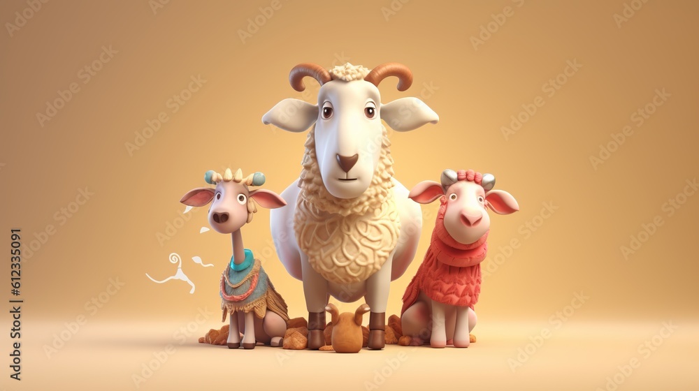 3d rendering cartoon clay detail of sheep with mosque background