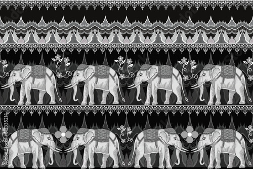 Traditional Thai Elephant seamless pattern with floral and pagoda.  Seamless pattern vector design for fabric, carpet, embroidery, wallpaper and background