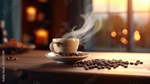 Several coffee beans all over a wood table and a cup of hot smoking coffee. Cuisine photography. Food pictures. Restaurant menu photos. Gastronomy pictures. 