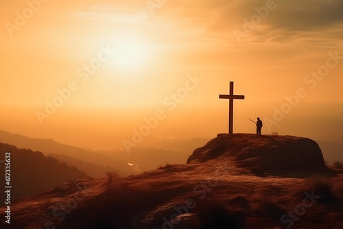 Divine Dawn: Silhouette Cross on Hilltop Bathed in Light