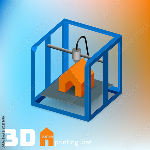 3D flat outline home 3D print vector icon - the concept of printing buildings using a CNC 3D printer