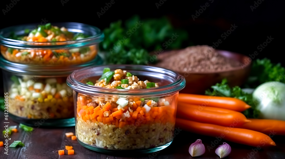 Glass boxes with food preparations, generative AI. Glass boxes with food preparations, generative AI.