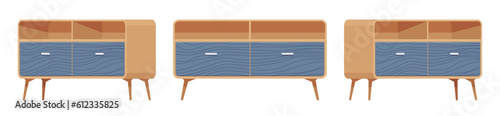 Sideboard buffet credenza, low storage cabinet set. Solid wood dining, living room, condo or kitchen functional furniture. Vector flat style cartoon home, office piece isolated on white background