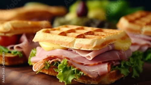 A gourmet sandwich of cheese ham and lettuce. Food photography. Blurred background and close up. 50mm lens. Super resolution.