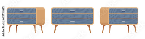 Sideboard buffet solid wood credenza blue set. Kitchen cabinet, drawers storage space, tabletop for displaying photo frames. Vector flat style cartoon home, office piece isolated on white background