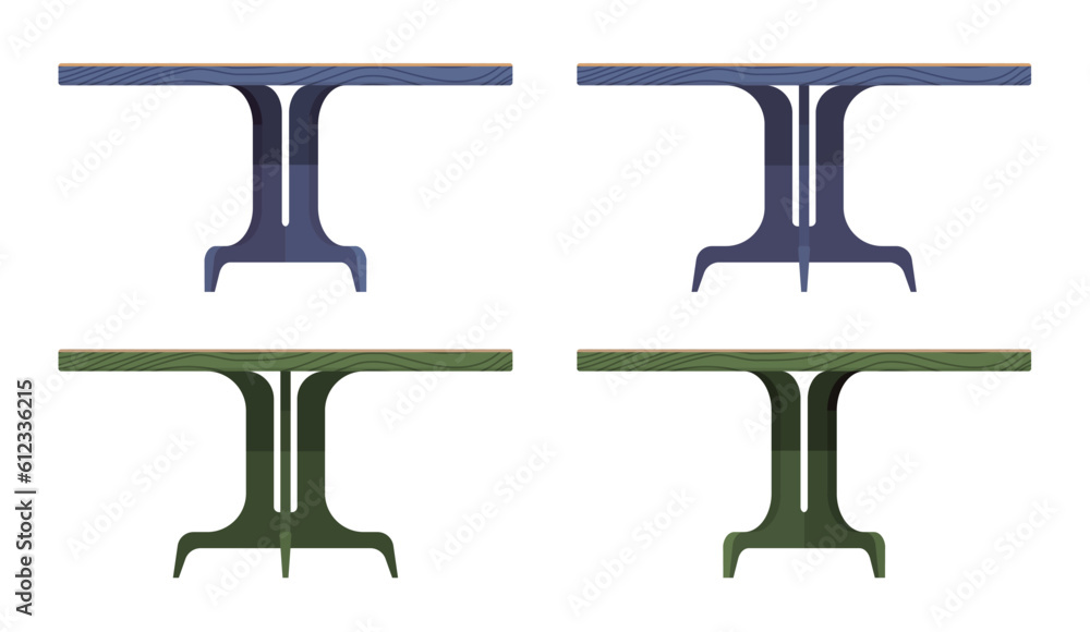 Pedestal table set, round tabletop in green, blue. Traditional kitchen space, cafe, family living area furniture. Vector flat style cartoon home, office piece isolated on white background, side view Pedestal table set, round tabletop in green, blue. Traditional kitchen space, cafe, family living area furniture. Vector flat style cartoon home, office piece isolated on white background, side view