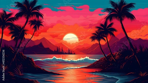 Sunset landscape with palm trees and mountains, retro - Generative AI © John