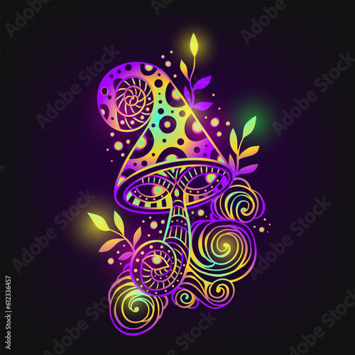 Magic Mushrooms. Vector illustration. Flower Ethnic drawing. Decorative Mushroom For party hippie, hallucination psilocybin 60s, 70s