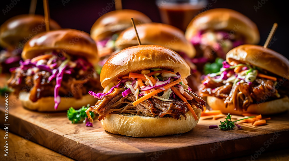 Generative AI. Juicy BBQ Pulled Pork Sliders with Homemade Coleslaw