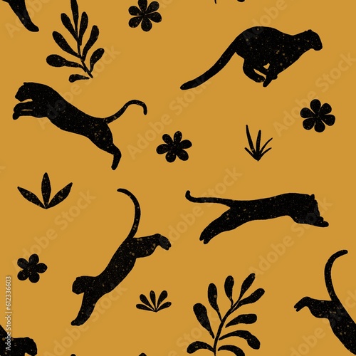 Photography Hand drawn wild cats seamless pattern, yellow background