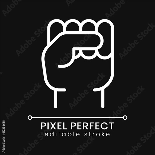 Raised fist pixel perfect white linear icon for dark theme. Gesture of protest and resistance. Thin line illustration. Isolated symbol for night mode. Editable stroke. Poppins font used