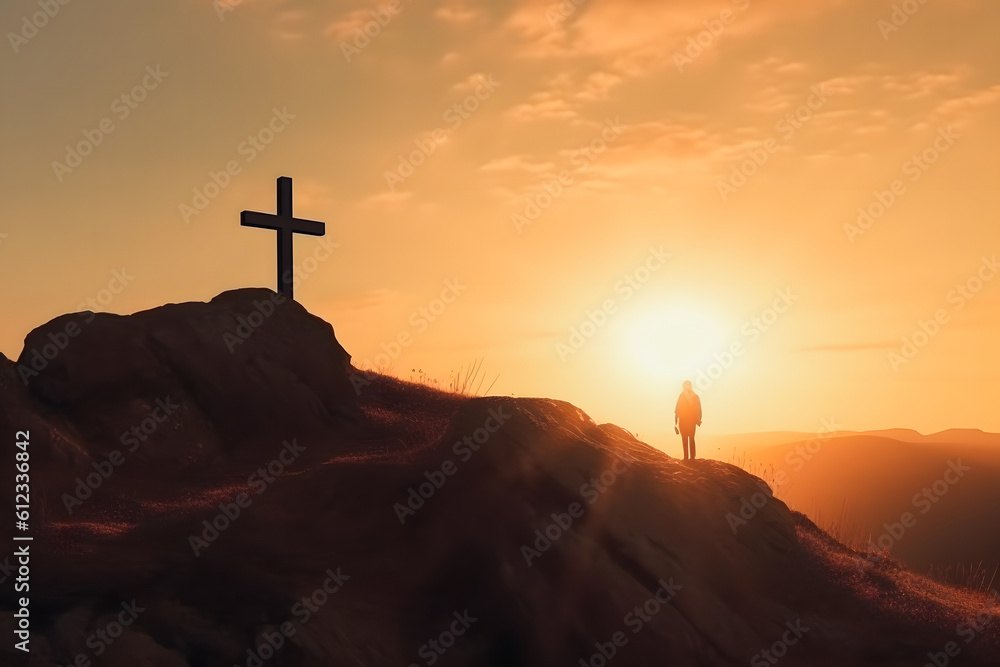 Easter Resurrection Concept: Cross on Hill Silhouette with Sun Rays