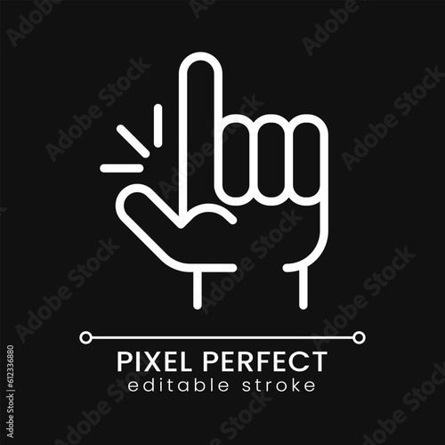 Eureka gesture pixel perfect white linear icon for dark theme. Sudden creative idea and solution. Thin line illustration. Isolated symbol for night mode. Editable stroke. Poppins font used