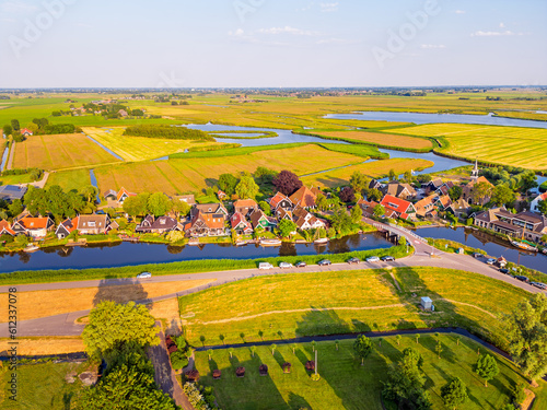Obraz na płótnie High angle Drone Point of View on the village of Driehuizen, part of the Municipality of Alkmaar, North Holland, The Netherlands w salonie