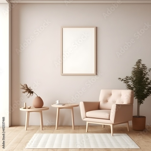 Frame mockup in contemporary minimalist beige room interior, photo frame on a beige wall, generative AI