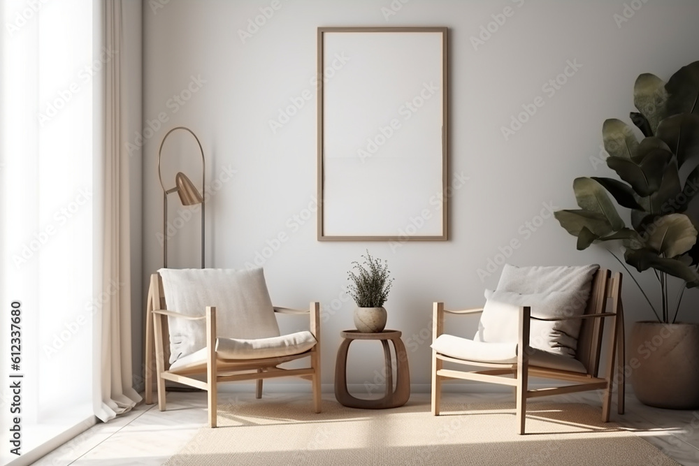 Fototapeta premium Minimalist Scandinavian Living Room Scene, Two Natural Wood Armchairs, Blank Framed Poster Mockup, Soft Neutral Tones, Cozy Home Interior Design