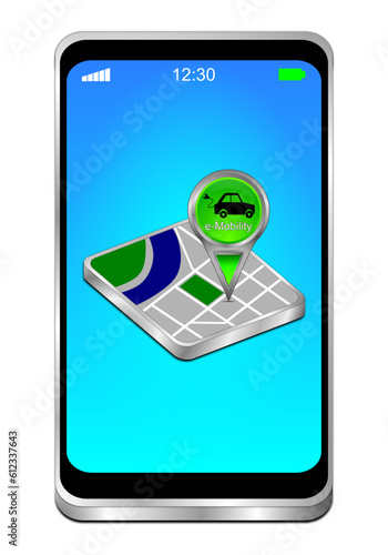 Smartphone with Map pointer with e-Mobility - 3D illustration