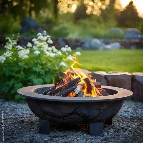 Outdoor fire pit in the backyard on a late summer night, fire pit garden, generative AI