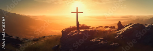 Resurrection of Jesus Christ: Silhouette Cross on Hill at Sunrise