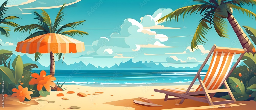 Obraz premium Beach vacation, chair with umbrella on the beach, rest on the beach by the sea, summer holiday, generative AI