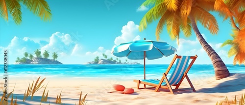 Beach vacation, chair with umbrella on the beach, rest on the beach by the sea, summer holiday, generative AI