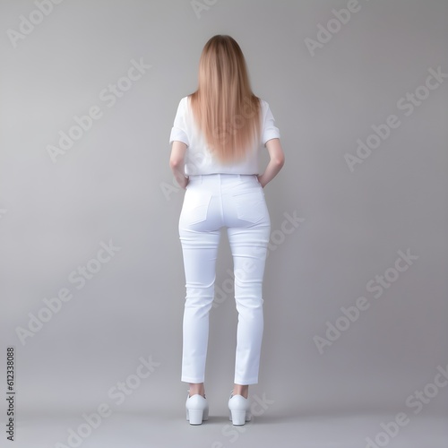 Woman in white jeans on a gray background, model posing at a photo shoot, backside photo, generative AI
